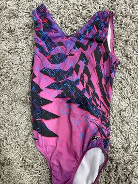 LadiesGeometric Pink & Black Gymnastics Leotard with Blue Accents GK